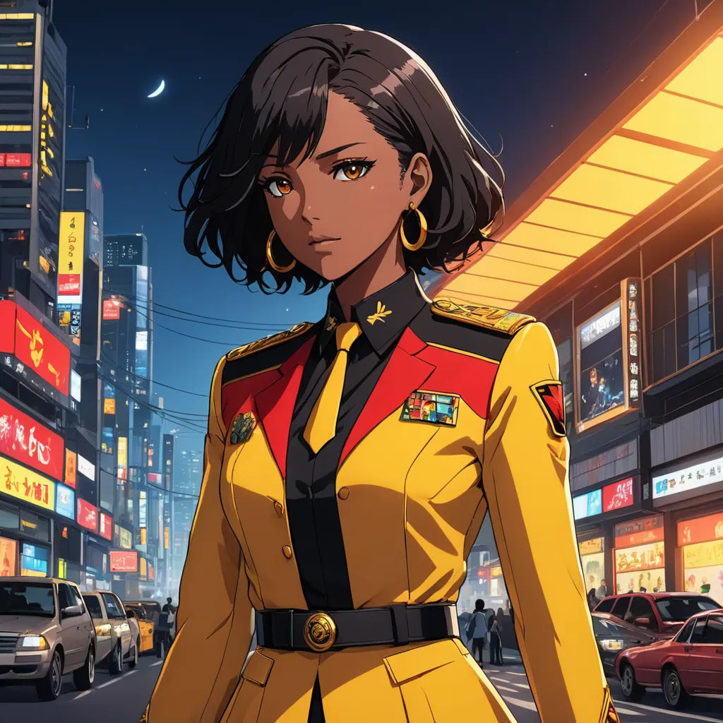 a woman in a uniform standing in the middle of a city street at night with a cityscape in the background, afrofuturism, a character portrait, Eizan Kikukawa, official art