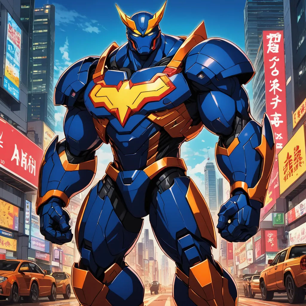 a cartoon character in a city with a giant robot like figure in front of a cityscape with cars, rayonism, a comic book panel, Altichiero, official art