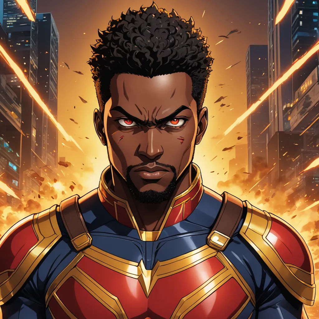 a black man in a red and blue suit with a city background and flames in the background, with a city skyline in the background, afrofuturism, a comic book panel, Altichiero, official art
