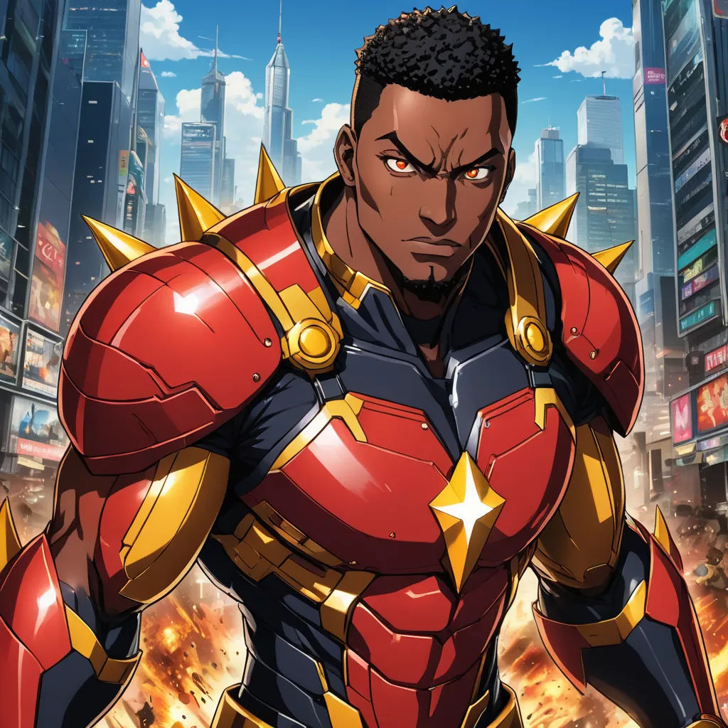 a man in a red suit with gold spikes on his chest and a city in the background with skyscrapers, afrofuturism, concept art, Cedric Seaut (Keos Masons), official art