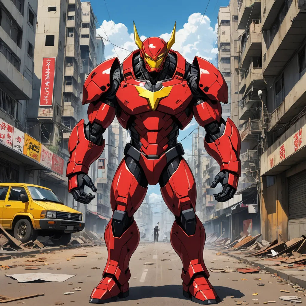 a giant robot standing in a city street with a man in the background in front of a yellow truck, lyco art, concept art, Adam Manyoki, mecha