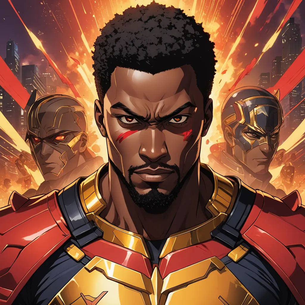 a black man in a gold and red costume with other men in the background in a cartoon style,, afrofuturism, a comic book panel, Altichiero, comic cover art