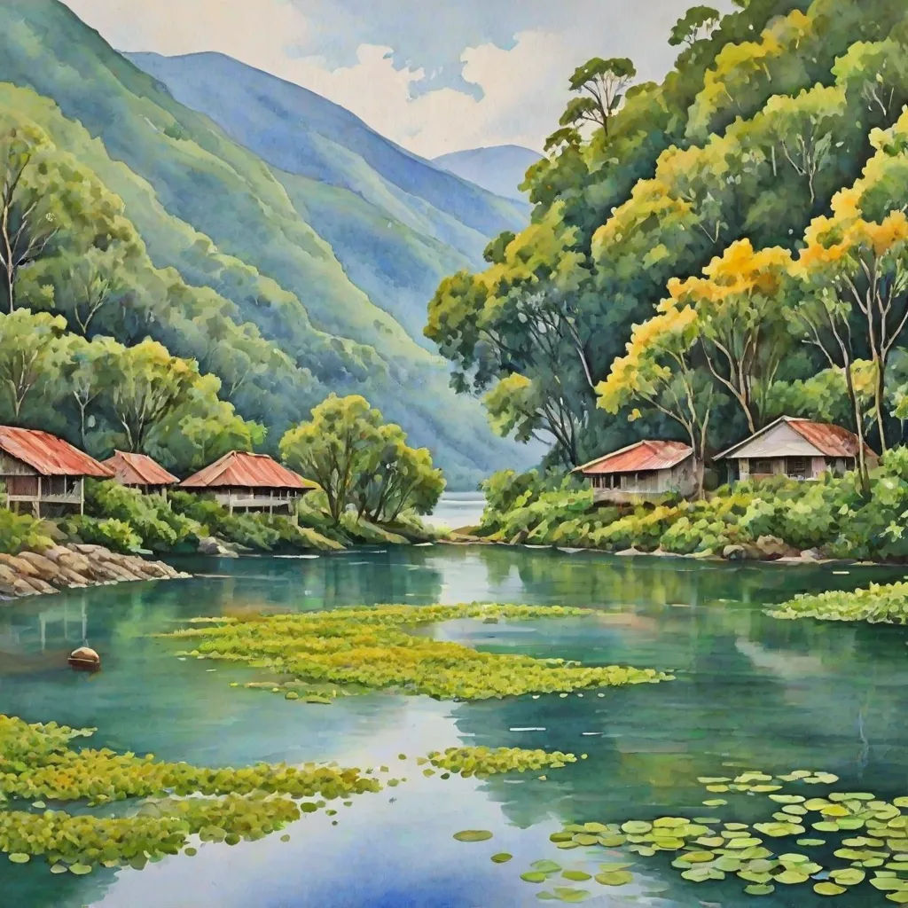 a painting of a lake with houses in the background and lily pads in the foreground, and mountains in the background, a detailed matte painting, Choi Buk, bengal school of art, detailed painting