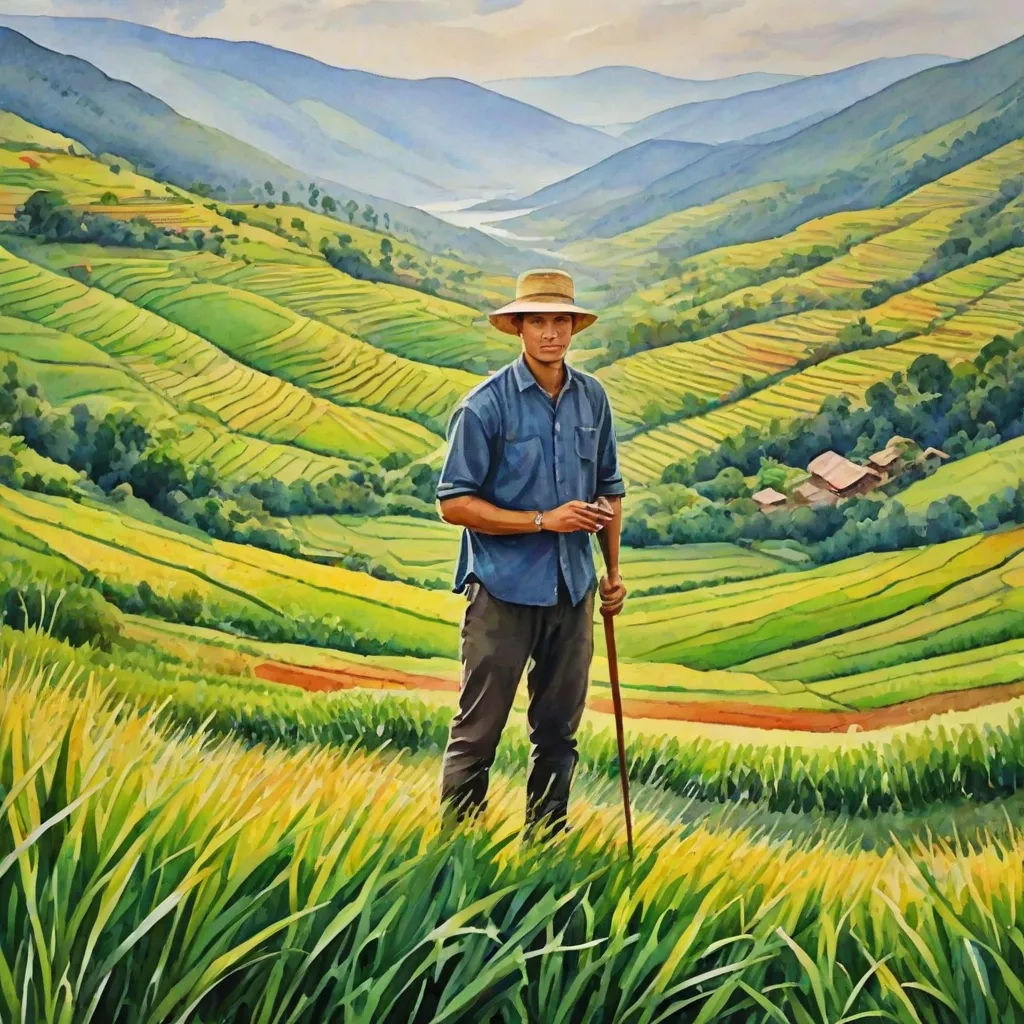 a painting of a man standing in a field with a cane in his hand and a mountain in the background, an oil on canvas painting, Adrian Zingg, synthetism, highly detailed oil painting
