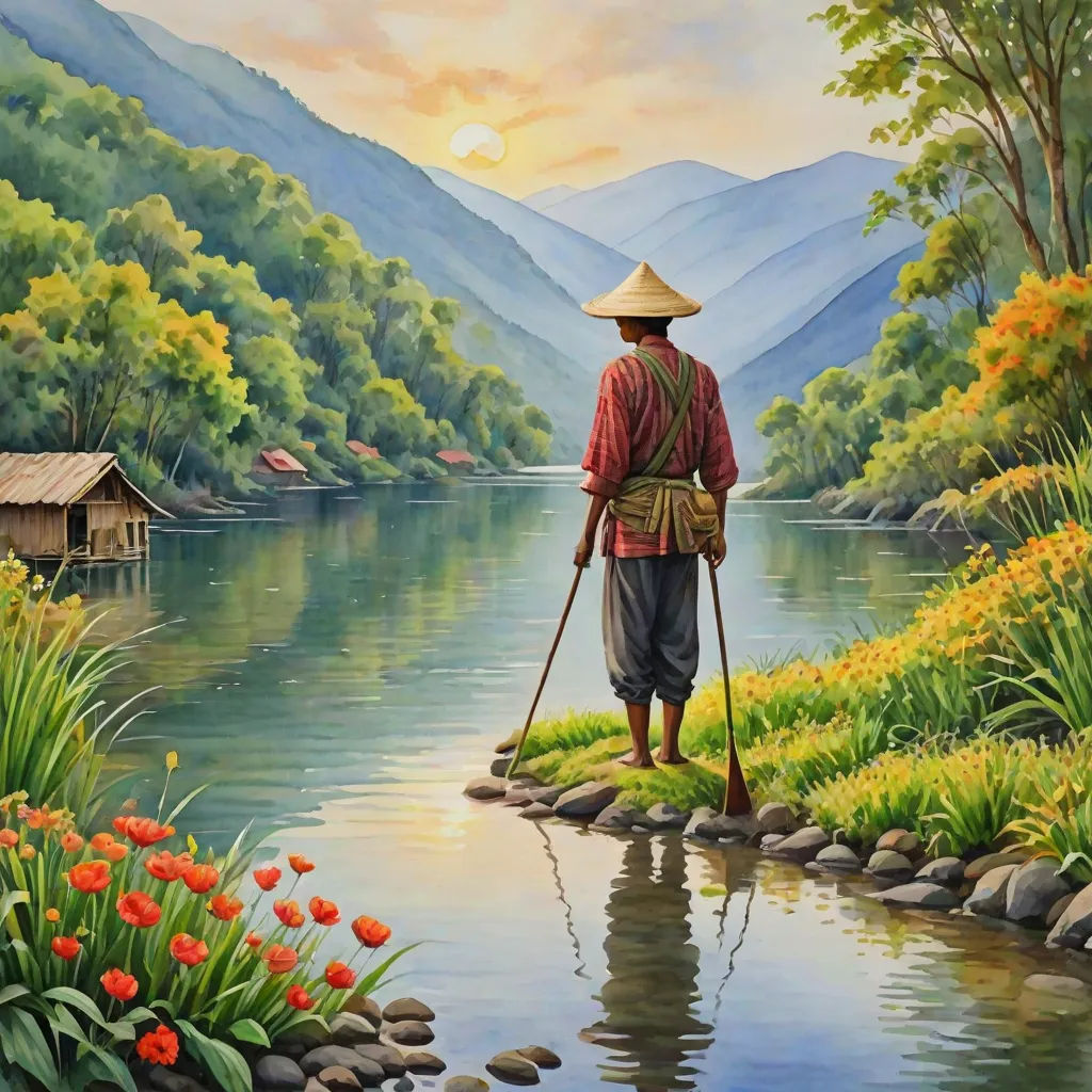 a painting of a man standing on a river bank with a cane in his hand and a hat on his head, a detailed painting, Christophe Vacher, naive art, highly detailed oil painting