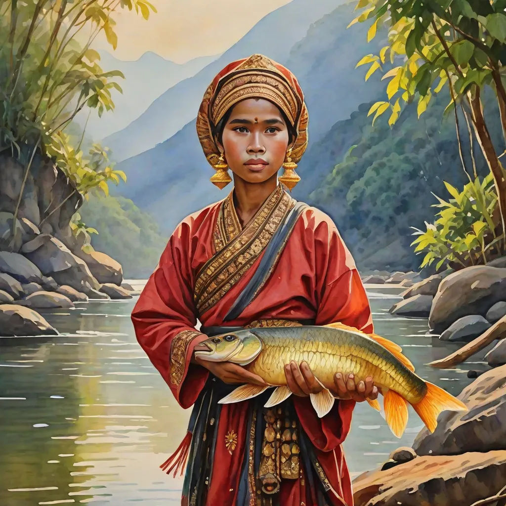 To his astonishment, the fish he caught transformed into a beautiful woman. She introduced herself as Putri.