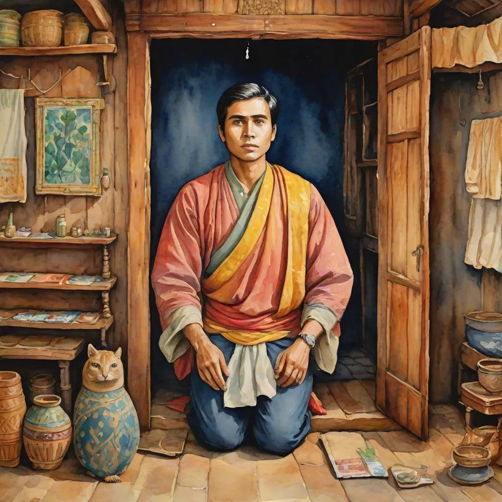 a painting of a man sitting in a doorway with a cat nearby and a shelf with a vase and a cat, a character portrait, Byeon Sang-byeok, metaphysical painting, studio portrait
