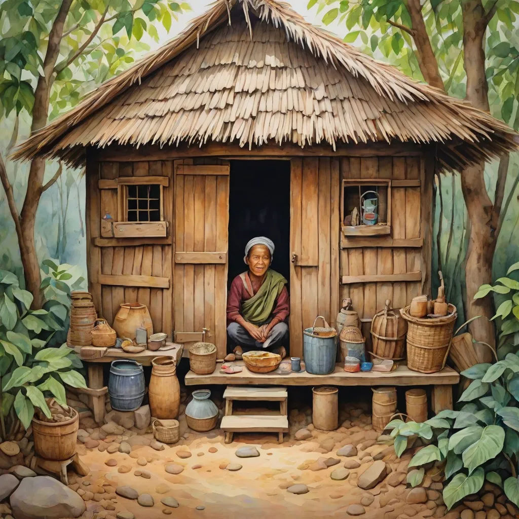 a painting of a woman sitting in a hut with pots and pans on the ground and a tree, a storybook illustration, Art & Language, primitivism, highly detailed digital painting