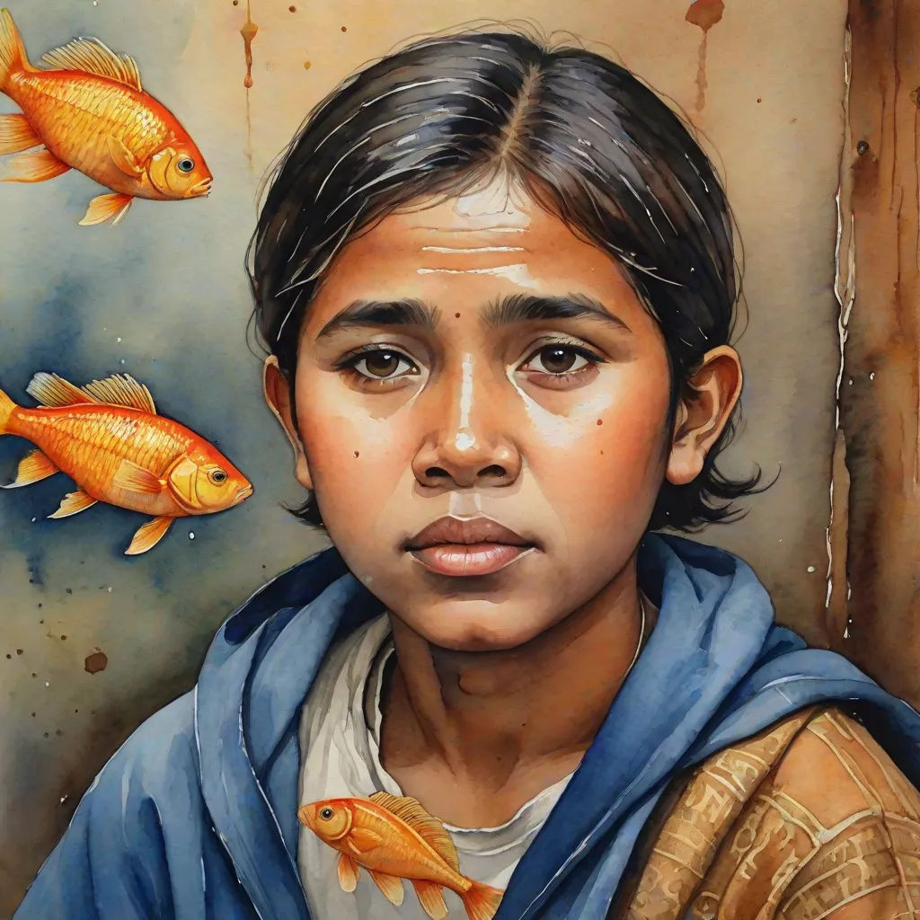 a painting of a young boy with a fish in his mouth and a goldfish in the water behind him, an oil on canvas painting, Carol Sutton, figurative art, highly detailed oil painting