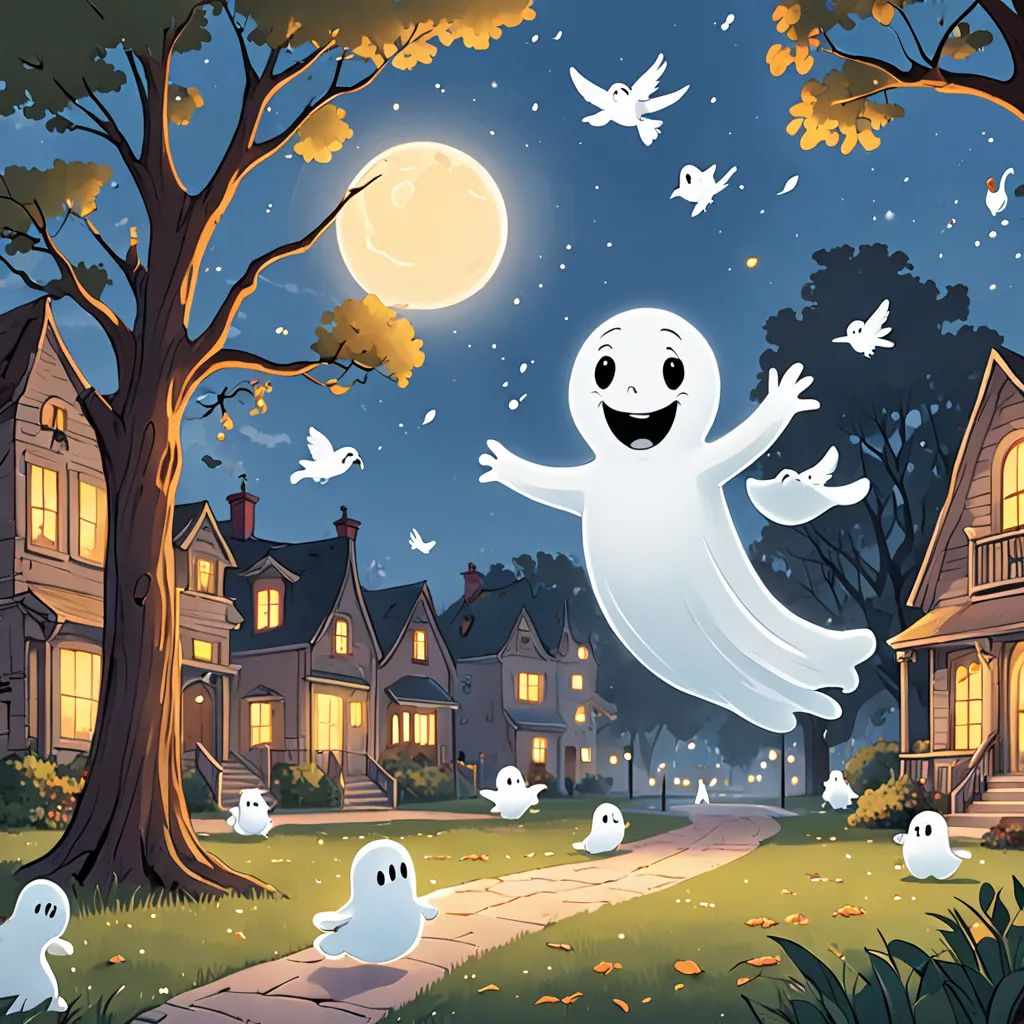 a cartoon ghost is flying over a neighborhood at night with ghostlings around the house and trees in the yard, context art, a storybook illustration, Chris LaBrooy, official art