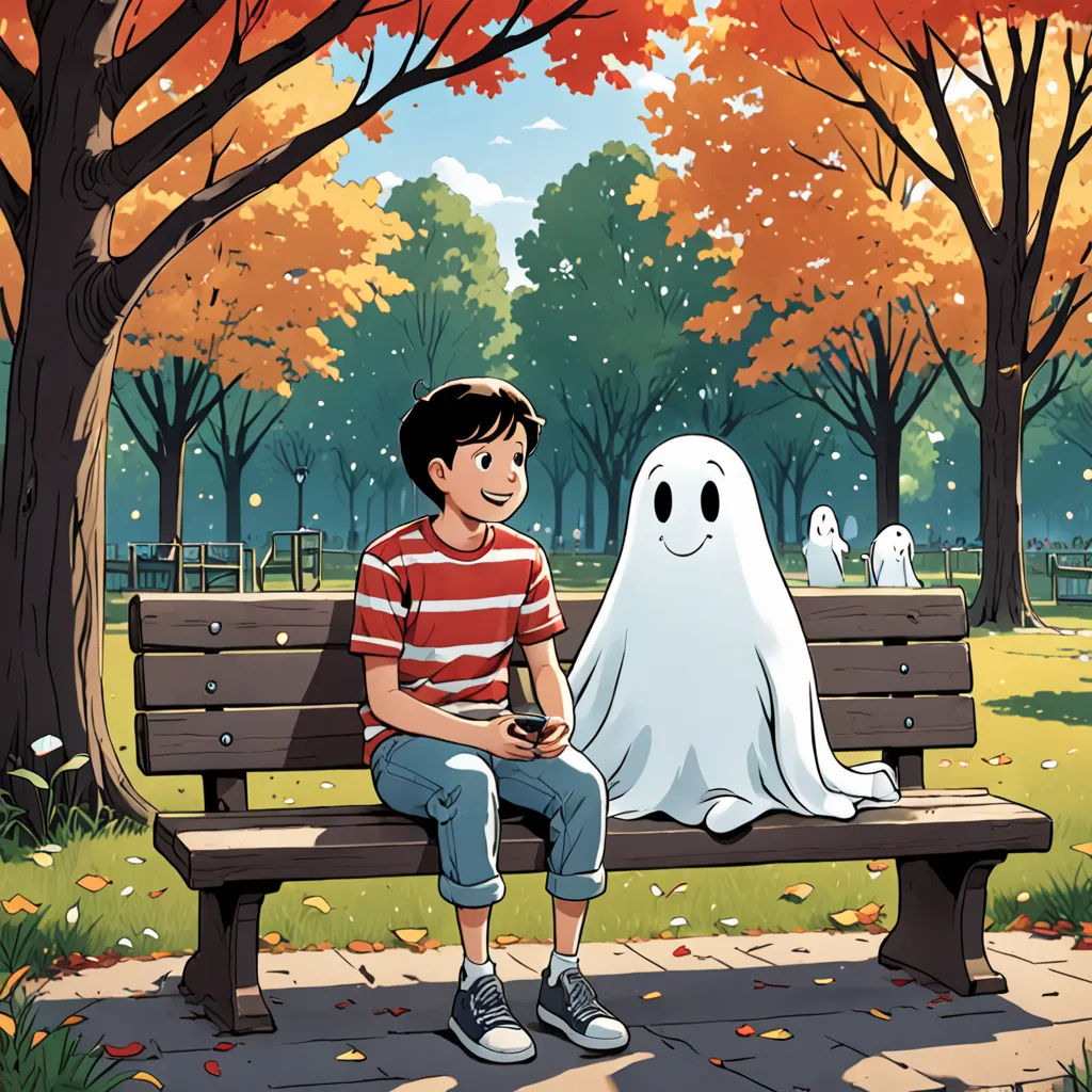 a boy sitting on a bench with a ghost on it in a park with trees and leaves in the background, serial art, a comic book panel, Atey Ghailan, comic cover art