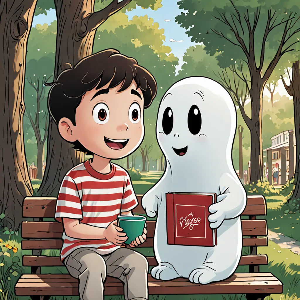 a boy sitting on a bench next to a ghost holding a cup of coffee and a book in his hands, vancouver school, a storybook illustration, Diego Gisbert Llorens, promotional image
