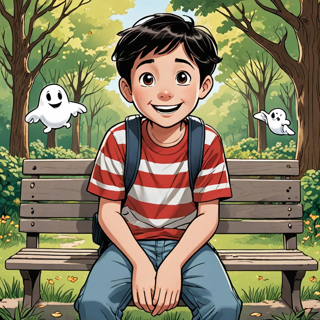 a boy sitting on a bench in a park with ghost flying around him and ghost behind him, with a ghost in the background, serial art, a comic book panel, Cliff Childs, comic cover art