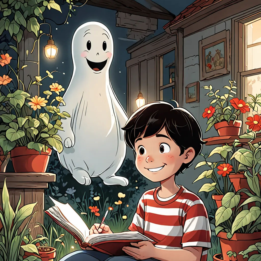 a boy sitting on a porch reading a book with a ghost in the background and a house with flowers, context art, a storybook illustration, Diego Gisbert Llorens, comic cover art