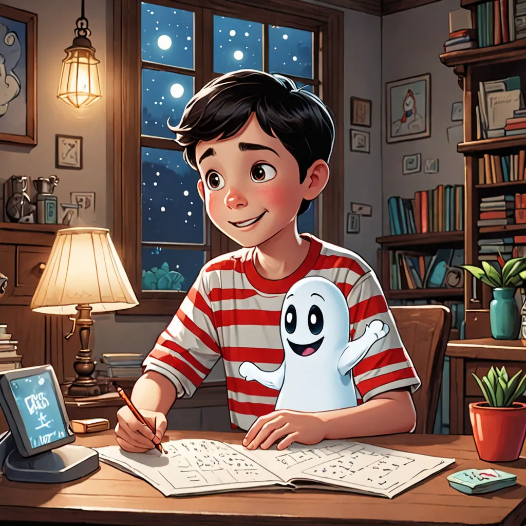 a boy sitting at a desk with a ghost on his chest and a book in front of him, with a lamp on the desk, sots art, a storybook illustration, Diego Gisbert Llorens, storybook illustration