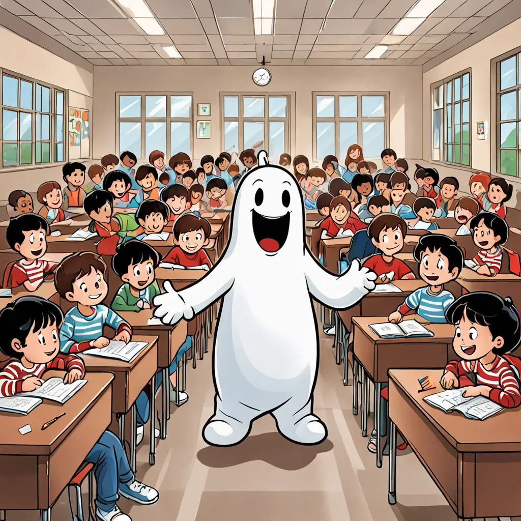 a cartoon of a ghost in a classroom with students in the background, with a large amount of windows, rayonism, a storybook illustration, David Budd, ghost in the shell