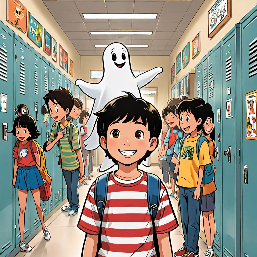 a cartoon of a boy in a hallway with a ghost on his head and a group of children in the hallway, rayonism, a comic book panel, Adam Manyoki, comic cover art