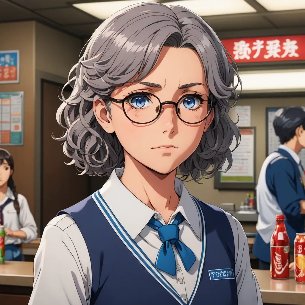 a girl with glasses and a tie standing in a cafeteria with other people in the background and a soda machine, remodernism, a character portrait, Chizuko Yoshida, official art