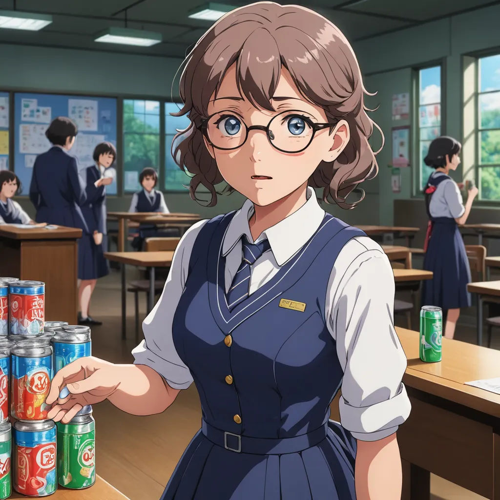 a girl in a school uniform holding a can of soda in front of a classroom full of students and a desk, sots art, a character portrait, Aguri Uchida, official art