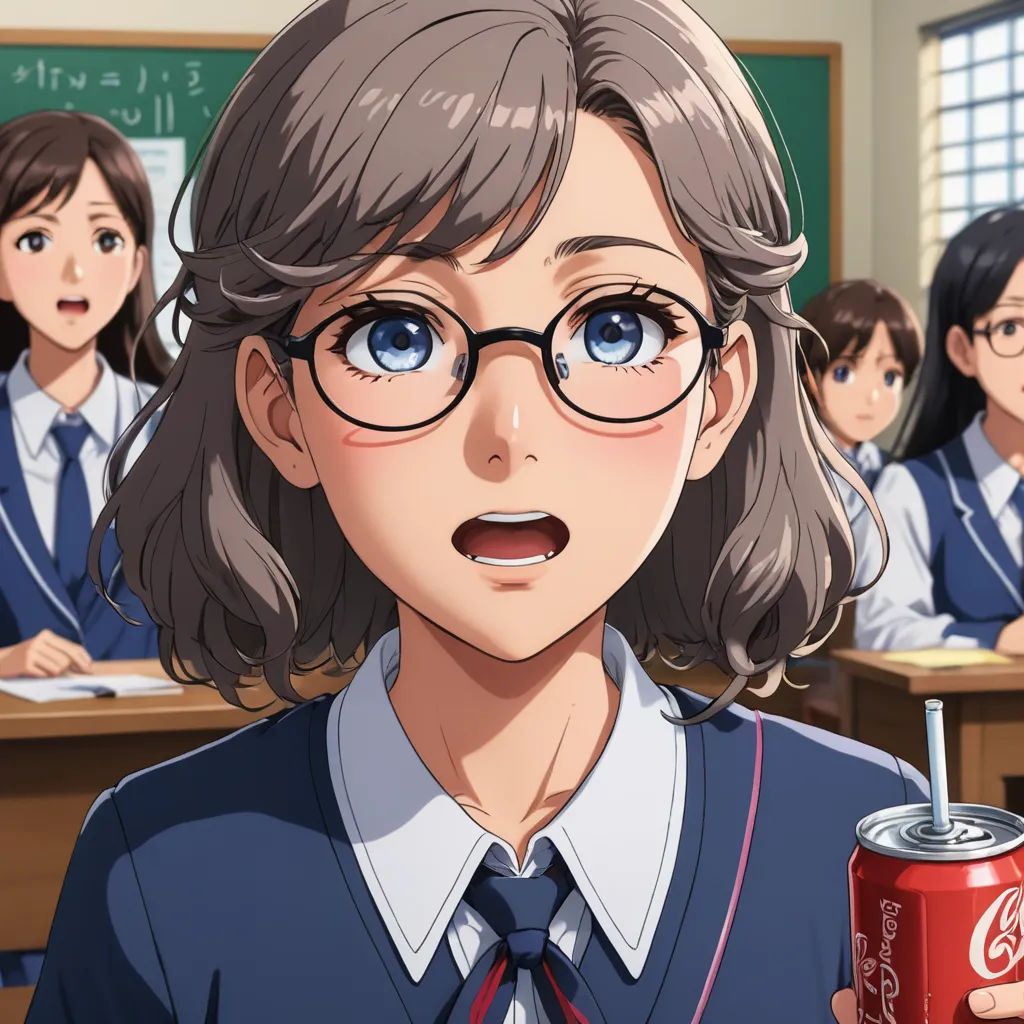 a girl in a classroom with a soda in her hand and a coke in her hand, with a group of other girls behind her, remodernism, a character portrait, Dorothy Coke, official art