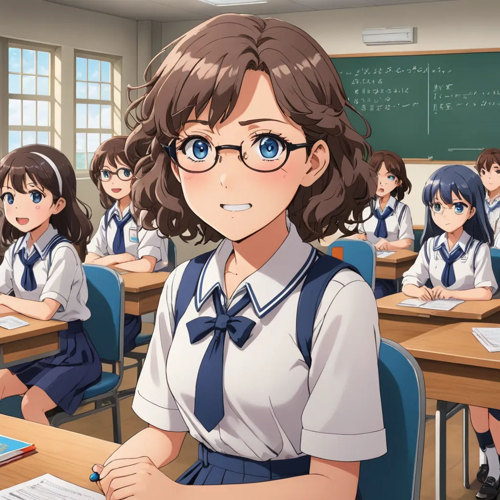 a girl in a classroom with her hands on her hips and a book in her lap, with other students behind her, remodernism, a stock photo, Aguri Uchida, official art