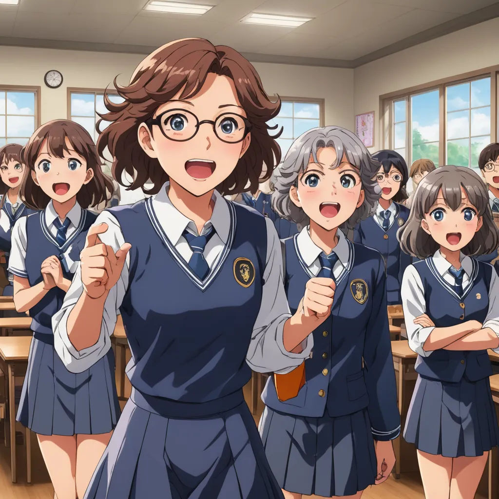a group of girls in school uniforms standing in a classroom with their hands up in the air and their mouths open, rayonism, a stock photo, Anne Said, official art