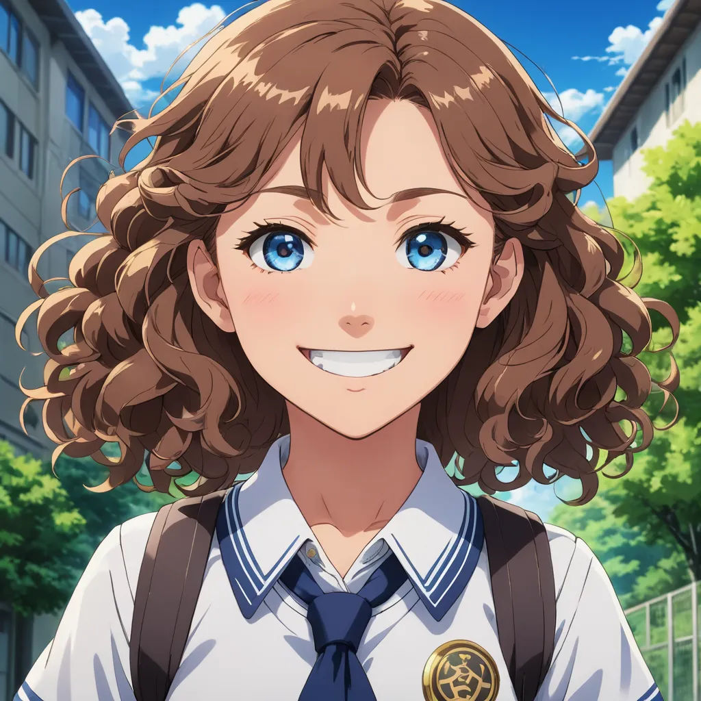 a girl with curly hair and a blue tie smiles at the camera in front of a building with trees, sots art, a character portrait, Chizuko Yoshida, official art