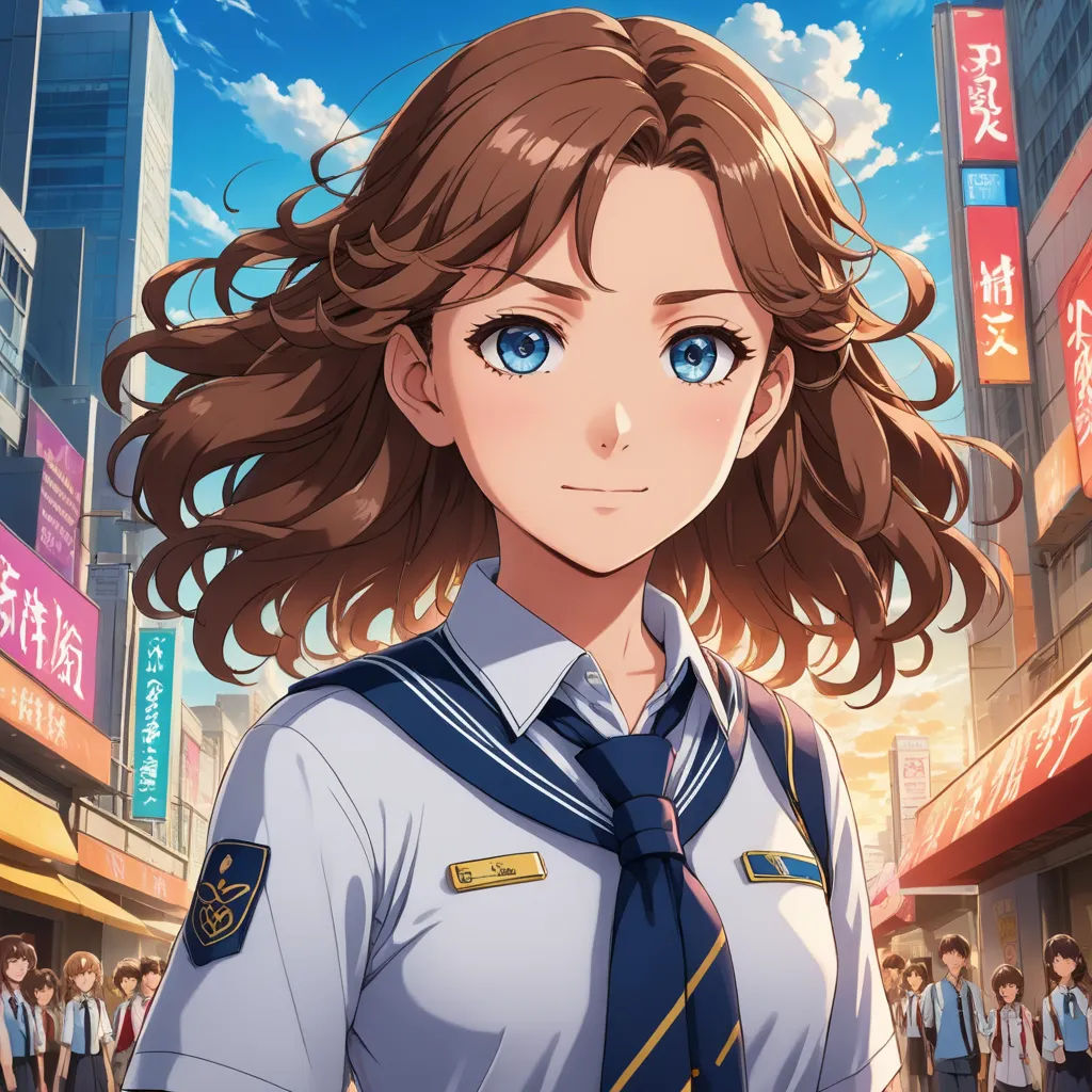 a girl in a uniform standing in front of a crowd of people in a city with tall buildings and signs, sots art, a character portrait, Chizuko Yoshida, official art