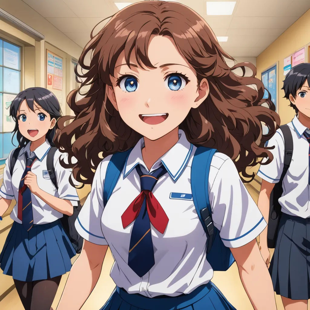a group of girls in school uniforms walking down a hallway together with backpacks on their backs and one girl with long hair, rayonism, concept art, Ai-Mitsu, official art