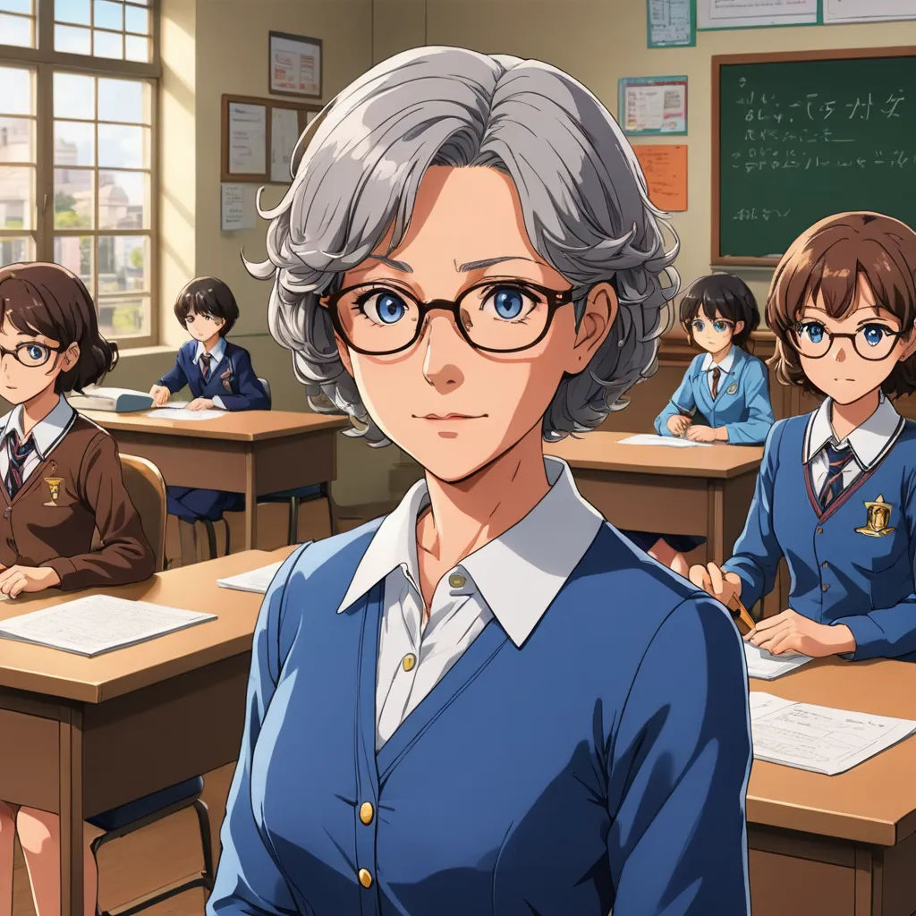 a woman in a classroom with glasses and a book in her hand and other children behind her in the background, sots art, a character portrait, Aguri Uchida, official art