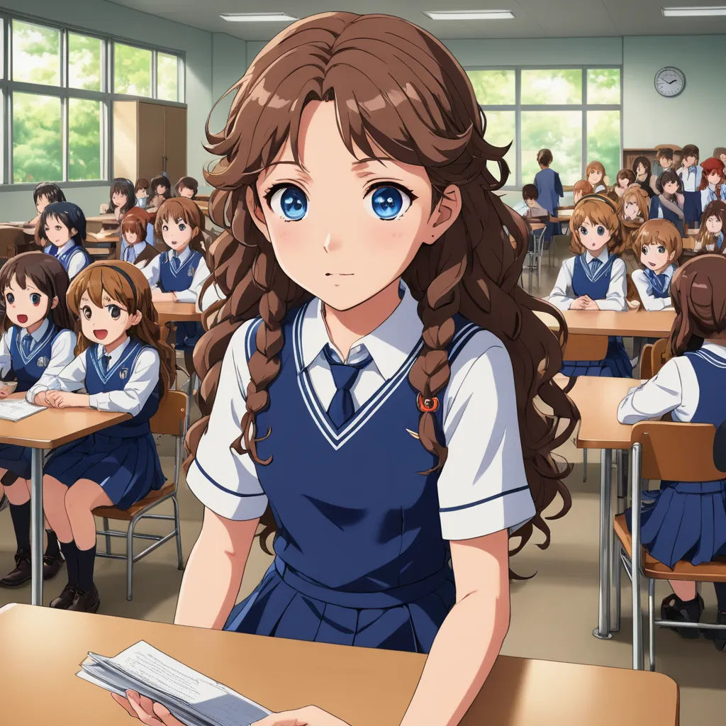 a girl in a school uniform is sitting at a desk with a book in front of her and a group of other students behind her, remodernism, concept art, Aguri Uchida, official art
