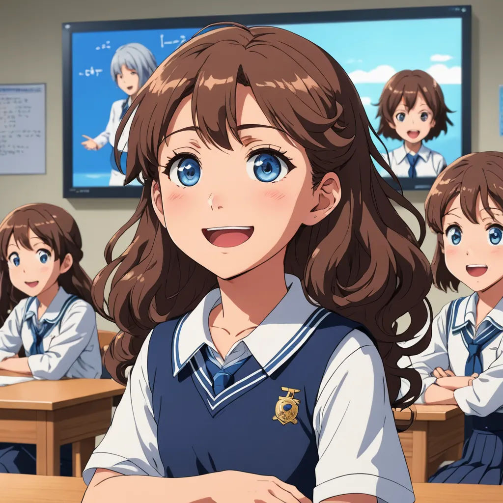a group of girls sitting at desks in a classroom with a television in the background and a girl standing in front of them, remodernism, computer graphics, Aguri Uchida, official art