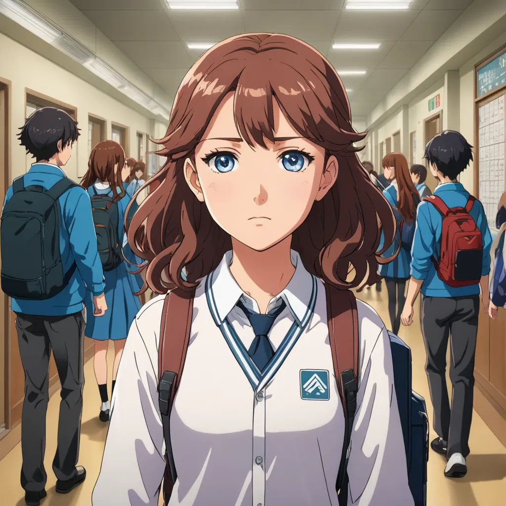 a girl in a school uniform is standing in a hallway with other people in the background and a backpack on her shoulder, sots art, a character portrait, Ai-Mitsu, official art