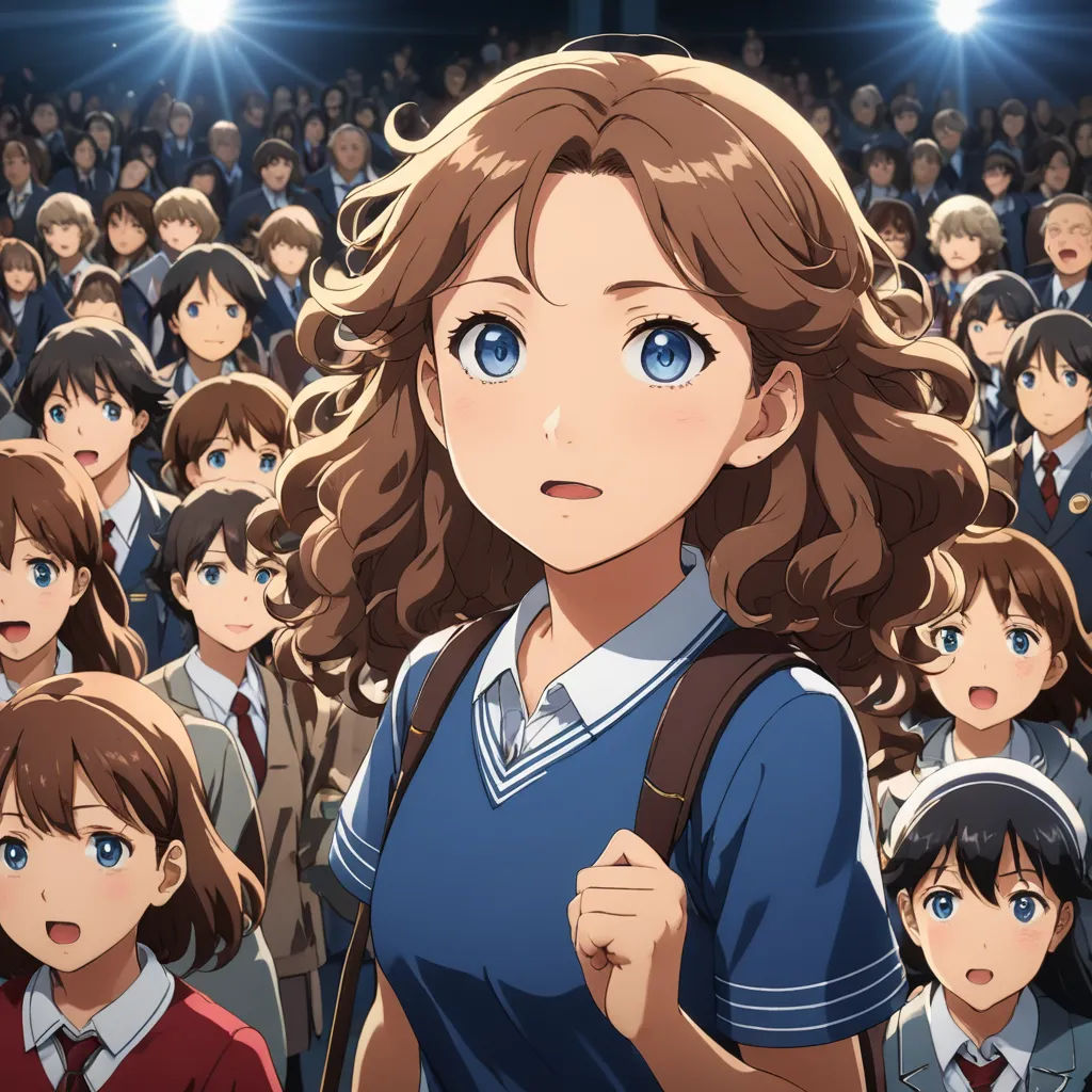 a woman standing in front of a crowd of people in a movie theater with a blue eyes and a brown shoulder bag, rayonism, poster art, Aya Goda, official art