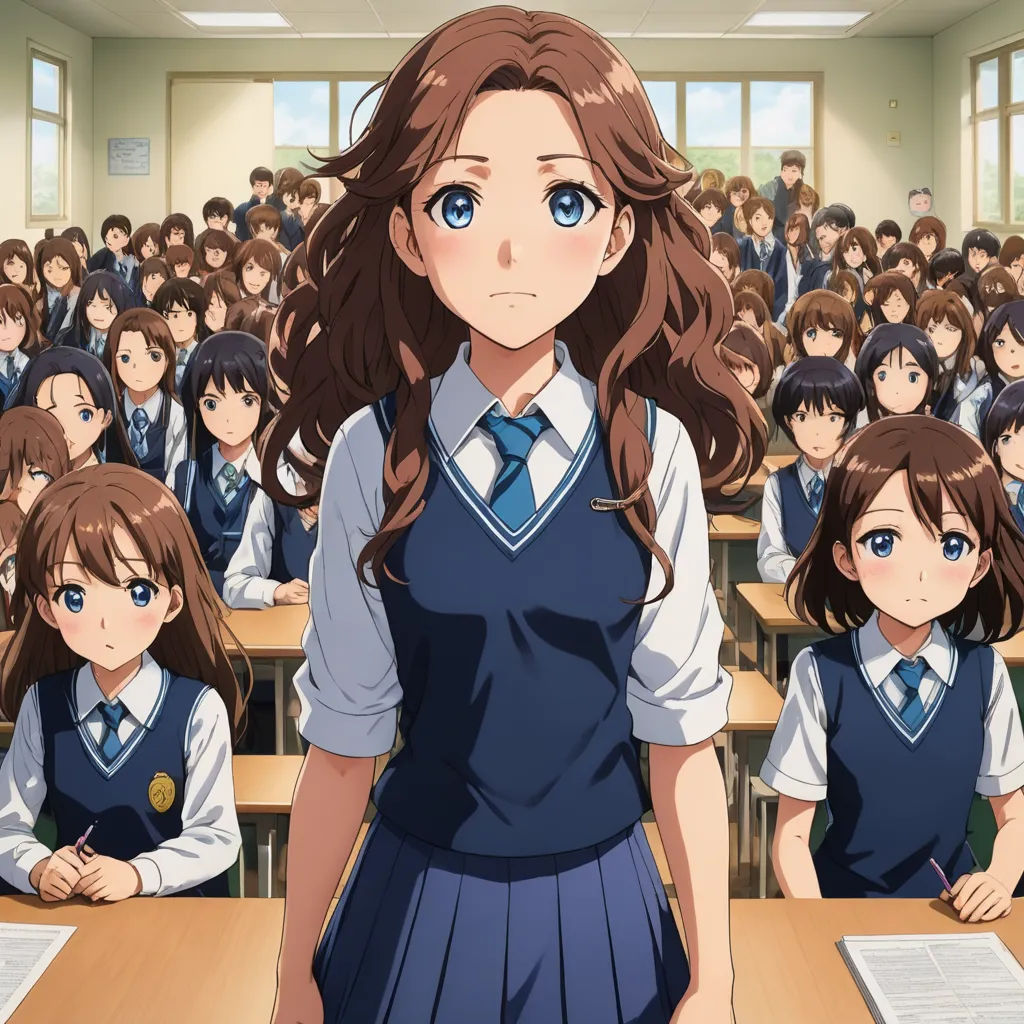 a girl in a school uniform stands in front of a classroom full of students in uniform, with one of her hands on her hips, rayonism, computer graphics, Ai-Mitsu, official art
