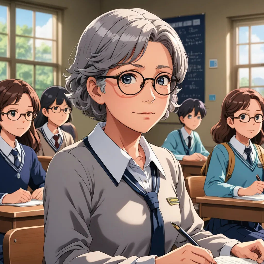 a cartoon of a woman sitting at a desk in front of a class of students with glasses on her head, remodernism, a stock photo, Aguri Uchida, official art
