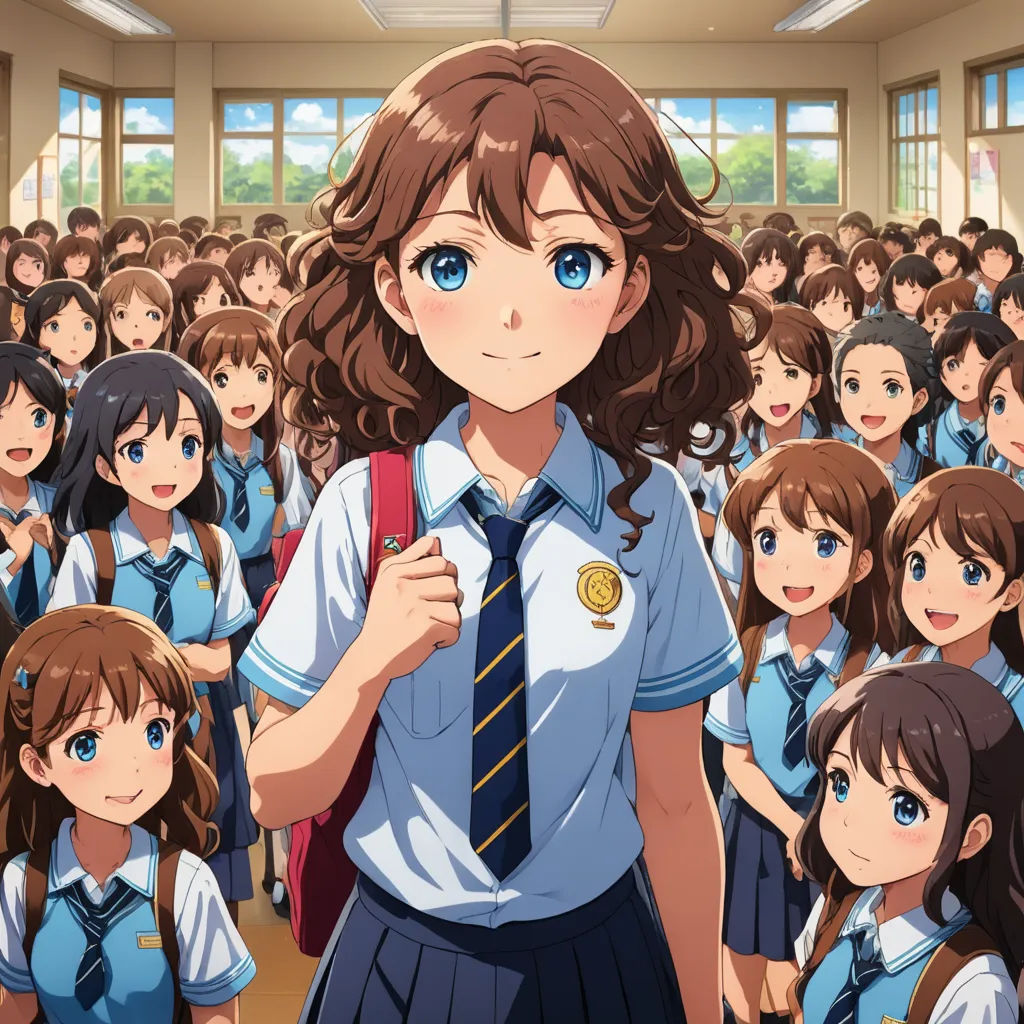 a girl in a school uniform standing in front of a group of girls in uniform with a backpack on, rayonism, concept art, Ai-Mitsu, official art