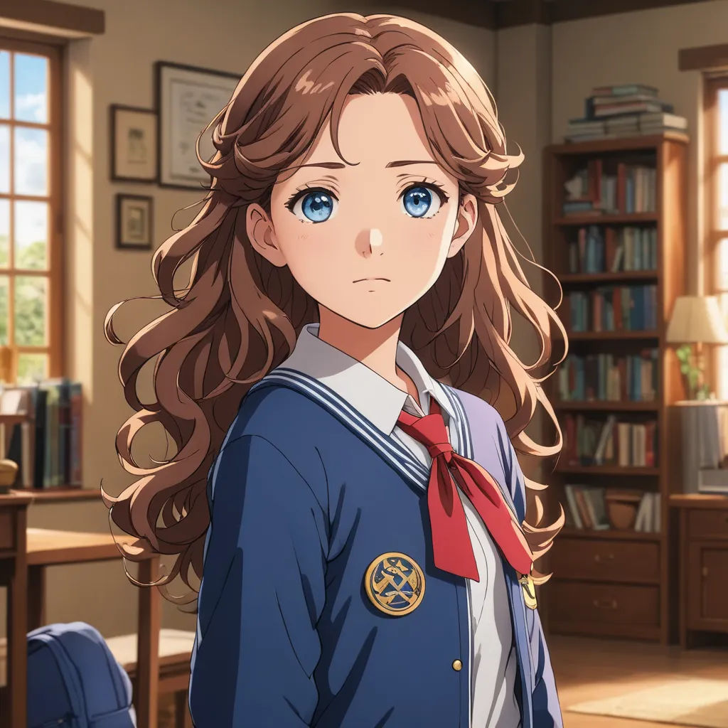 a girl with long hair and a blue shirt is standing in a room with a bookcase and a window, sots art, a character portrait, Aguri Uchida, official art