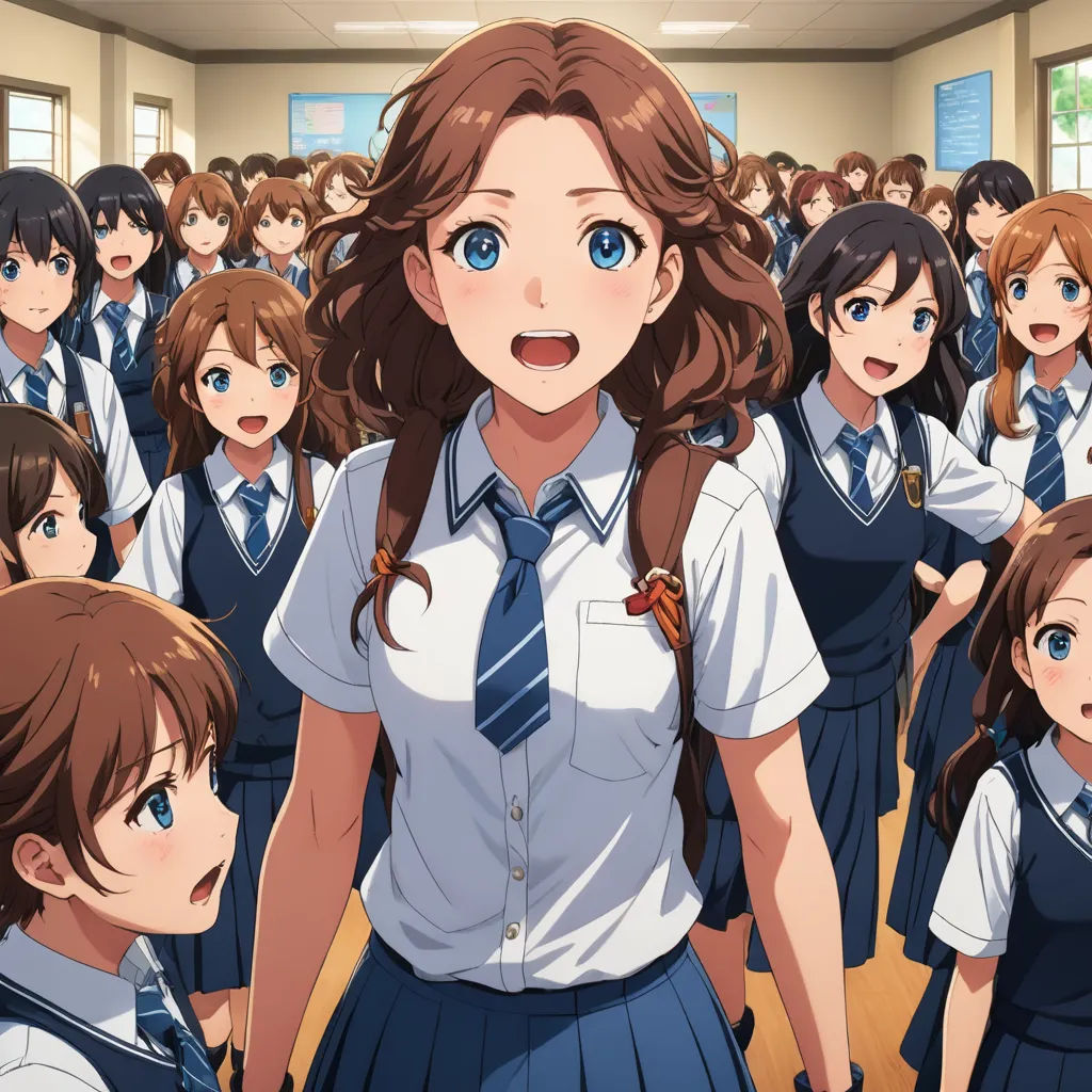 a group of girls in school uniforms standing in a classroom with a man in the background looking at the camera, rayonism, concept art, Bourgeois, official art