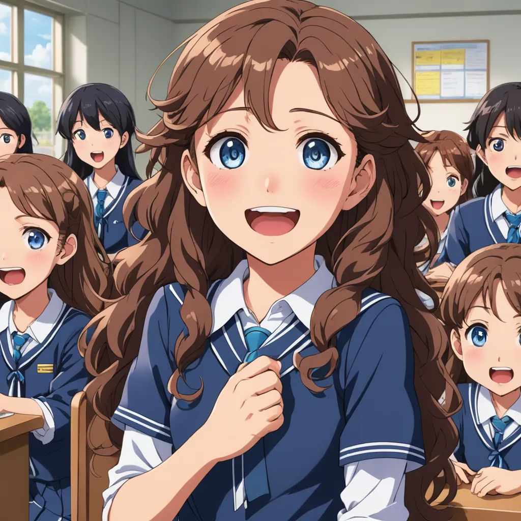 a group of girls in school uniforms sitting at desks with their hands on their hipss and smiling, rayonism, a stock photo, Aguri Uchida, official art