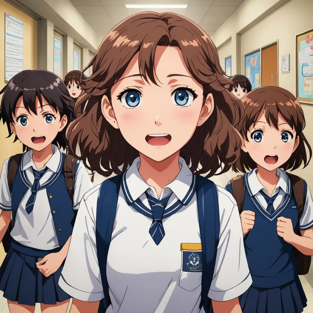 a group of young girls standing next to each other in a hallway with posters on the wall behind them, sots art, an album cover, Ai-Mitsu, official art