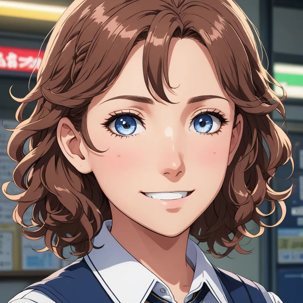 a woman with blue eyes and a white shirt on a train station platform with a sign in the background, remodernism, a character portrait, Chizuko Yoshida, official art