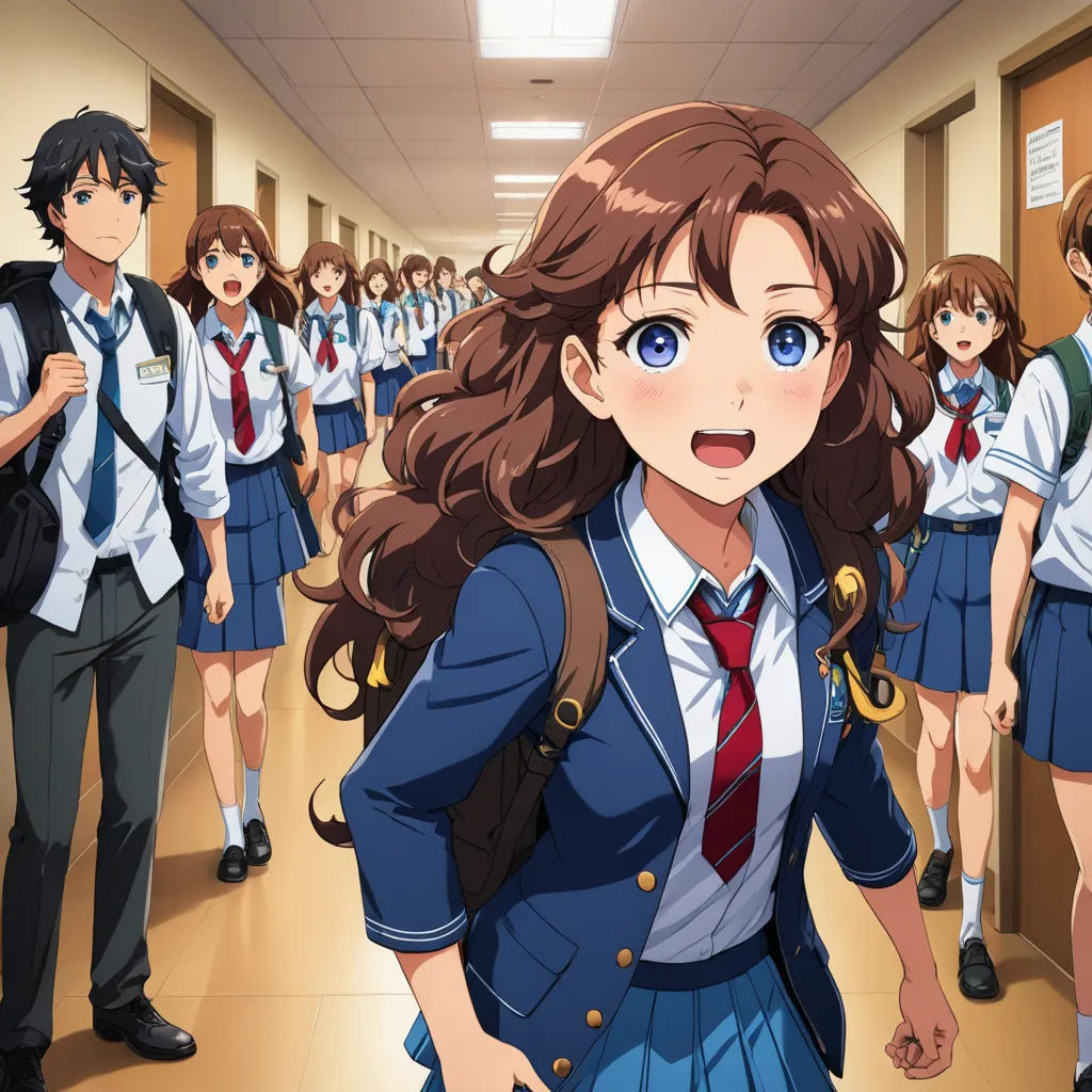 a group of school girls walking down a hallway together in uniforms and backpacks, with a man in the background, rayonism, concept art, Aya Goda, official art