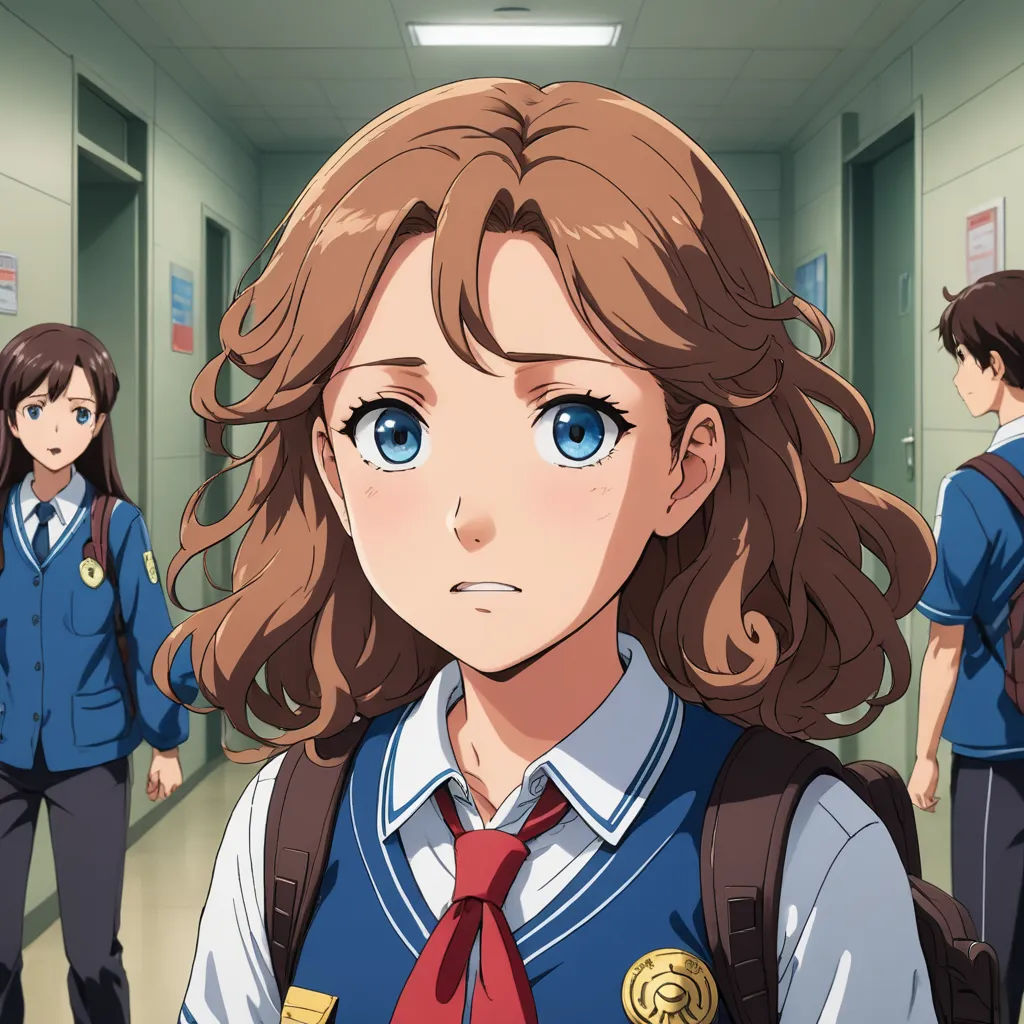 a girl in a school uniform with a red tie and backpack in a hallway with other girls in uniform, sots art, a character portrait, Chizuko Yoshida, official art
