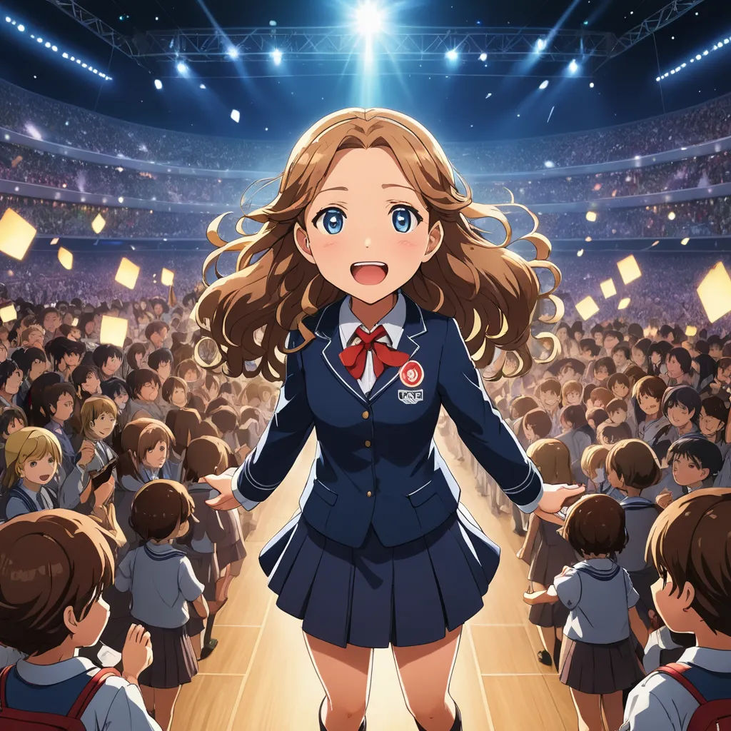 a girl in a school uniform standing in front of a crowd of people in a stadium with a microphone, rayonism, concept art, Chizuko Yoshida, official art
