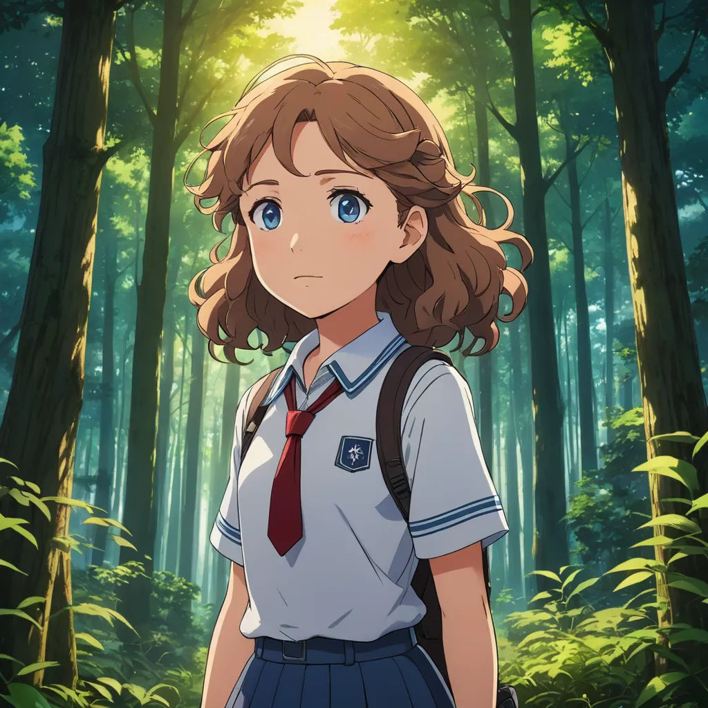 a girl in a school uniform standing in a forest with trees and bushes behind her, looking at the camera, serial art, a character portrait, Eizan Kikukawa, official art
