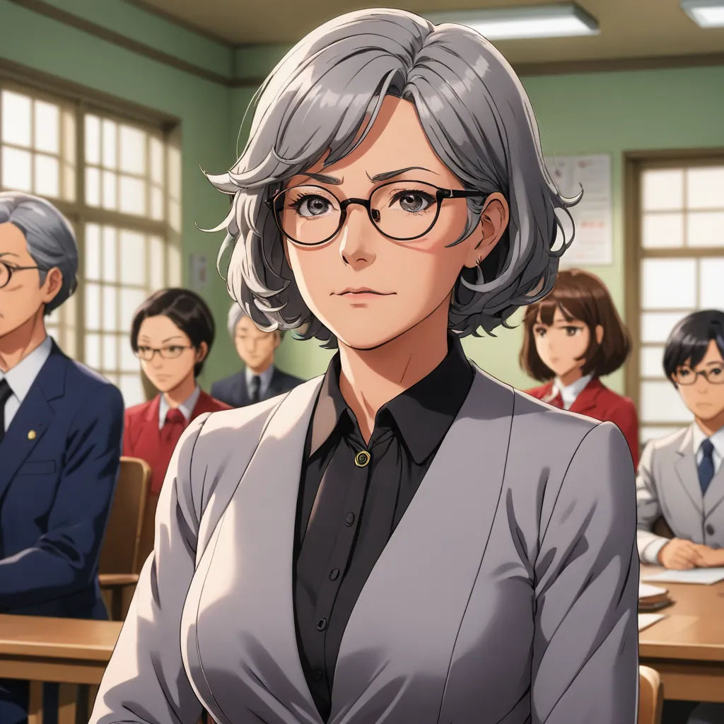 a woman in a suit and glasses standing in front of a group of people in a classroom with a teacher, sots art, a character portrait, Ayami Kojima, official art