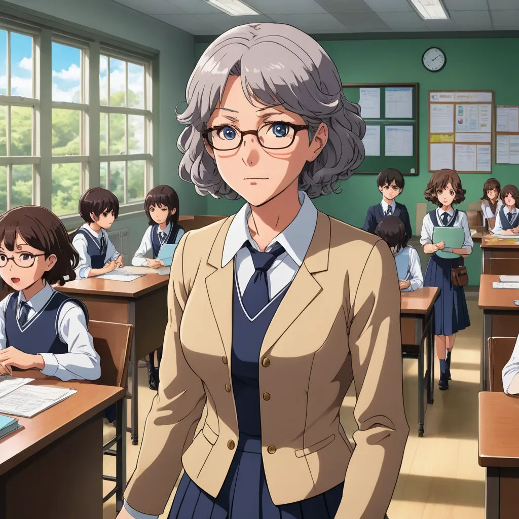 a woman in a school uniform standing in front of a classroom full of students in desks and chairs, sots art, a character portrait, Aguri Uchida, official art
