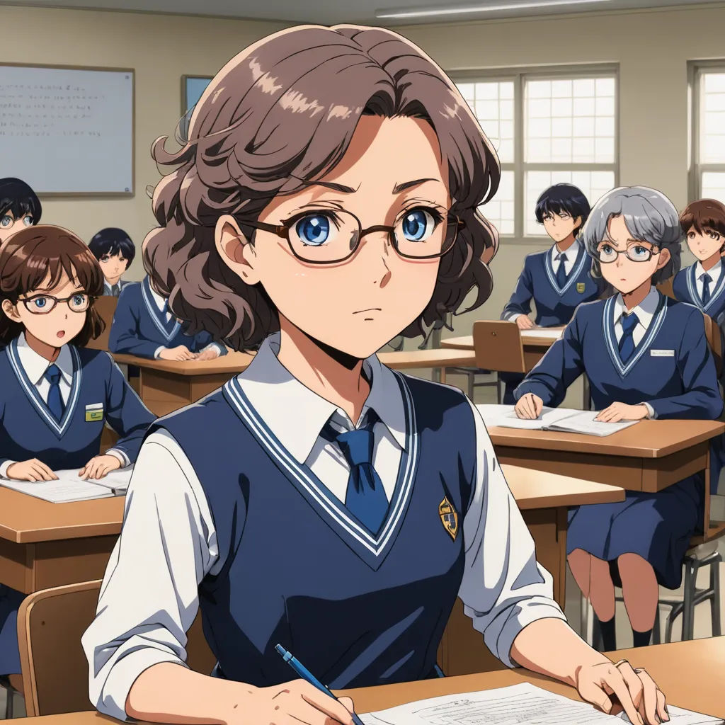 a girl in a school uniform is writing in a classroom full of other girls in uniform behind her are desks, remodernism, concept art, Aguri Uchida, official art