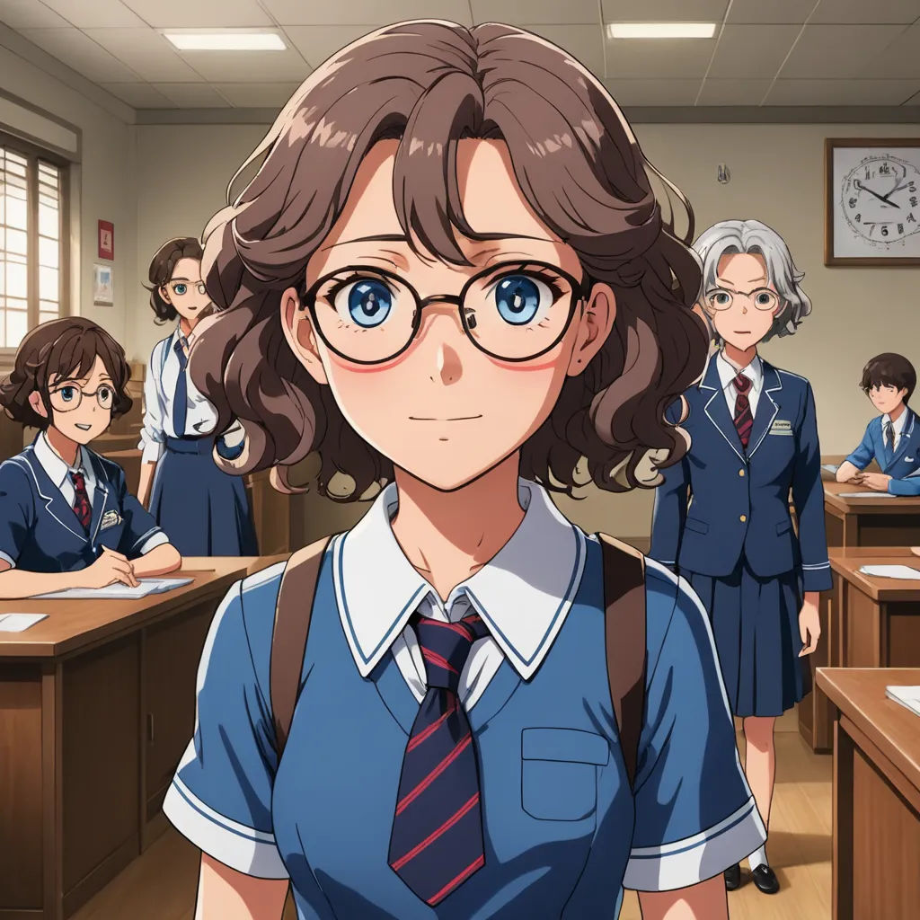a girl in a school uniform standing in front of a classroom full of students with glasses on her head, sots art, a character portrait, Aguri Uchida, official art